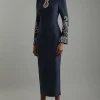 Tall Figure Form Bandage Knit Embellished Wide Sleeve Midaxi Dress