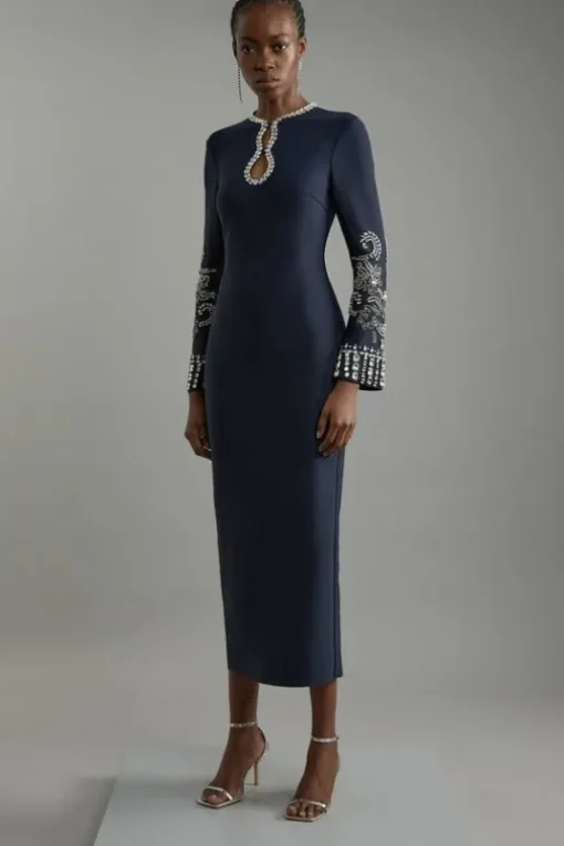 Tall Figure Form Bandage Knit Embellished Wide Sleeve Midaxi Dress