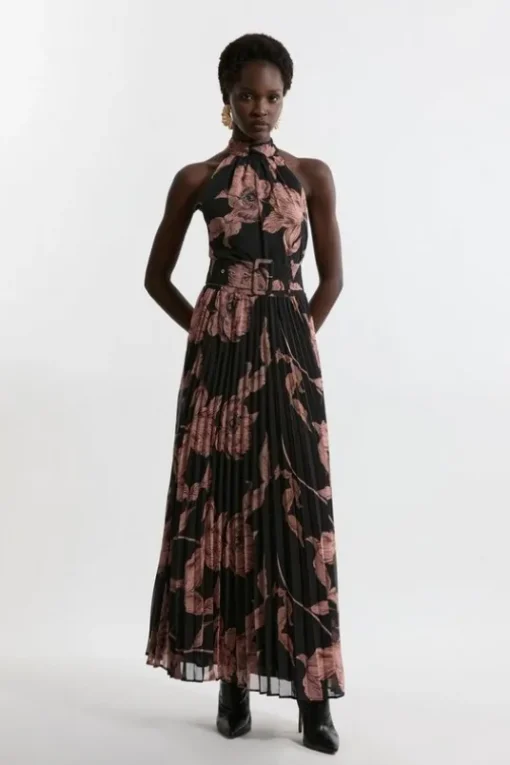 Tall Floral Belted Pleated Woven Midi Dress