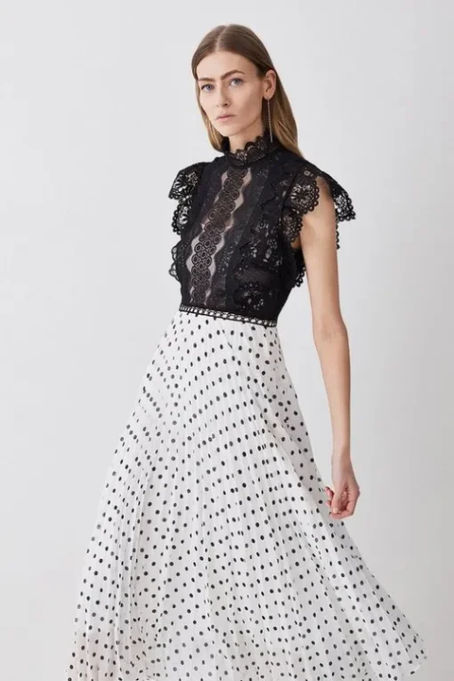 Tall Guipure Lace Dot Pleated Skirt Midi Dress