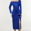 Tall Italian Structured Rib Asymmetric Neckline Draped Tailored Midi Dress