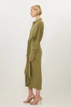 Tall Ruched Tie Waist Jersey Crepe Shirt Midi Dress