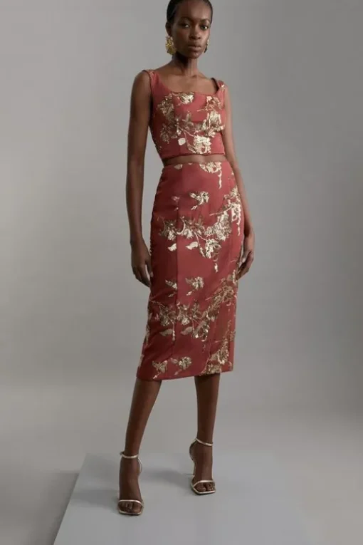 Tall Satin Sequin And Embroidery Woven Pencil Skirt