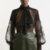Tall Sheer Lace Balloon Sleeve Bow Detail Blouse