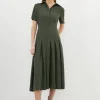 Tall Tailored Crepe Short Sleeve Pleated Midi Dress