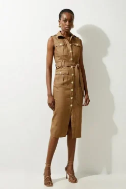 Tall Tailored Denim Cargo Pocket Belted Midi Shirt Dress