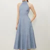 Tall Tailored Denim Linen Strappy Full Skirted Midi Dress