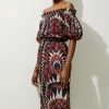 Tall Voile Mirrored Batik Belted Off The Shoulder Midaxi Dress