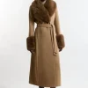Tall Wool Blend Detachable Faux Fur Belted Midi Coat