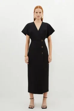 Techno Cotton Woven Midi Dress With Gold Clasp