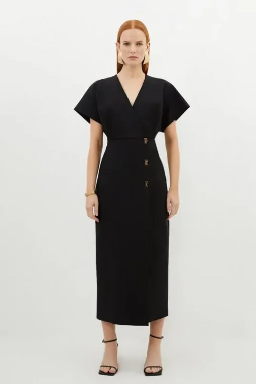 Techno Cotton Woven Midi Dress With Gold Clasp