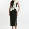 Textured Tailored Contrast Taffeta Ruffle Maxi Dress