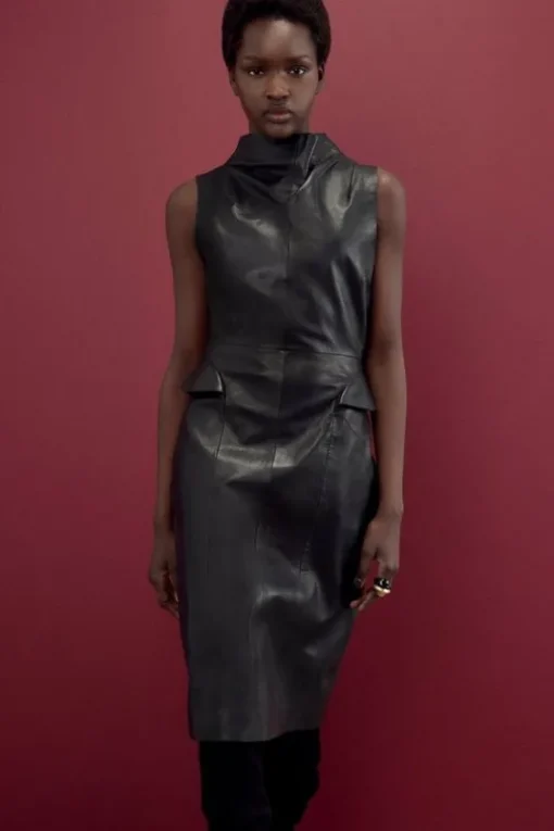 The Founder Leather Cowl Neck Hip Detail Midi Dress
