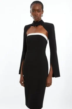 The Founder Petite Compact Stretch Viscose Tailored Contrast Detail Bandeau Midi Dress
