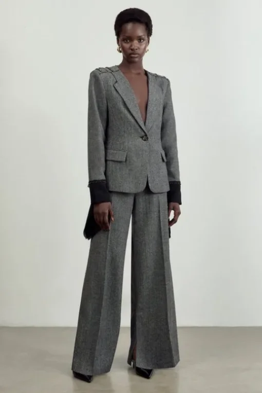 The Founder Petite Herringbone Tailored Wide Leg Pants