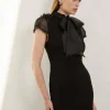 The Founder Petite Organza Petal Applique Woven Tie Neck Midi Dress