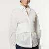 Topstitch Waist Tie Woven Cotton Shirt