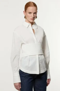 Topstitch Waist Tie Woven Cotton Shirt