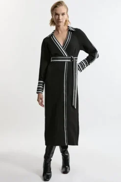 Twill Stripe Detail Collared Midaxi Dress