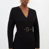 V Neck Belted Ponte Jersey Mini Dress