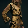 Velvet Applique & Beaded Woven Column Midi Dress