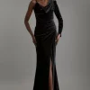 Velvet Asymmetric One Shoulder Tailored Maxi Dress