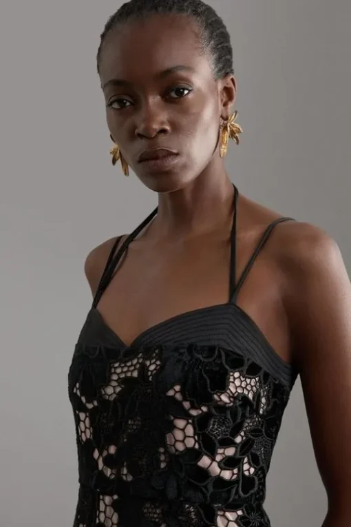 Velvet Cutwork Lace Detail Strappy Midi Dress