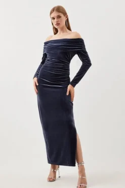 Velvet Jersey Off Shoulder Maxi Dress