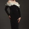 Velvet Off The Shoulder Bodycon Woven Midi Dress With Taffeta Rosette