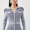 Viscose Blend Belted Utility Chambray Rib Knit Cardigan