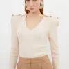 Viscose Blend Dry Handle Rib V Neck Military Trim Knit Top
