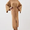 Viscose Blend Funnel Neck Belted Knitted Midi Dress
