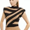 Viscose Blend Jacquard Stripe Power Shoulder Knit Top