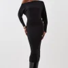 Viscose Blend Knit Asymmetric Neck Midi Dress