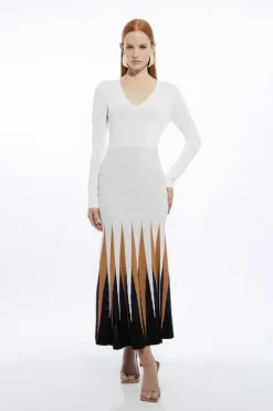 Viscose Blend Knit Color Block Hem Detail Maxi Dress