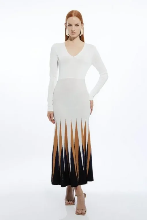 Viscose Blend Knit Color Block Hem Detail Maxi Dress