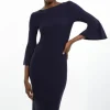 Viscose Blend Look Knit Midi Dress With Fluted Sleeve