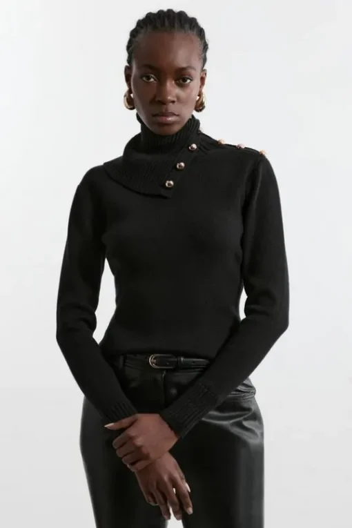 Viscose Blend Military Trim Envelope Neck Knit Sweater
