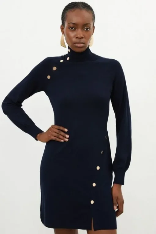 Viscose Blend Popper Detail Knitted Mini Dress