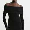 Viscose Blend Rib Detail Off The Shoulder Knit Midi Dress