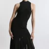 Viscose Blend Sheer Detail Full Skirt Knit Midi Dress