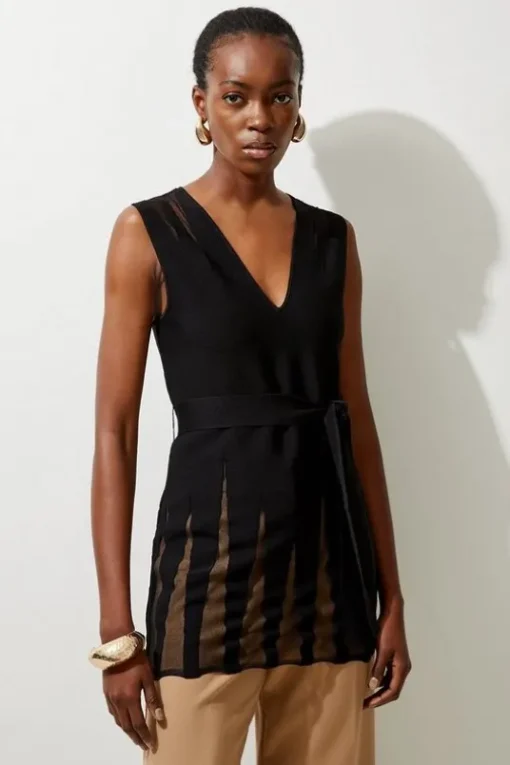 Viscose Blend Sheer Detail Belted Knit Tunic