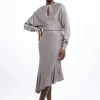 Viscose Blend Slinky Jacquard Asymmetric Knit Midi Dress