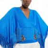 Viscose Blend Slinky Knit Kimono Tassel Top