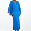 Viscose Blend Slinky Knit Fringed Kimono Sleeve Midaxi Dress