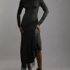 Viscose Blend Slinky Sheer Lace Detail Asymmetric Knit Midaxi Dress