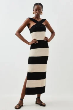 Viscose Blend Striped Cross Front Knit Midi Dress