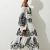Viscose Georgette Placed Cutwork Off The Shoulder Woven Maxi Dress