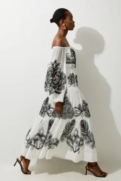 Viscose Georgette Placed Cutwork Off The Shoulder Woven Maxi Dress