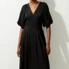 Viscose Linen Puff Sleeve Bow Detail Midaxi Dress
